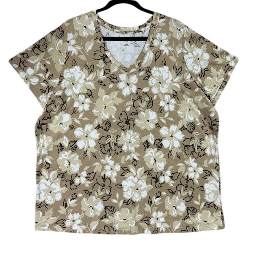 Woman Within Floral Perfect Printed V Neck Tee Shirt Sz 1X Khaki Bloom